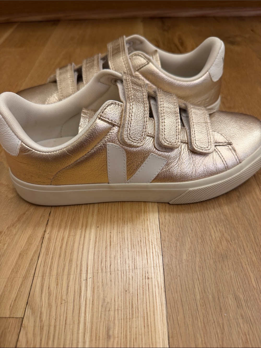 Veja Women’s  Metallic Gold Velcro Sneakers - Rose Gold and White